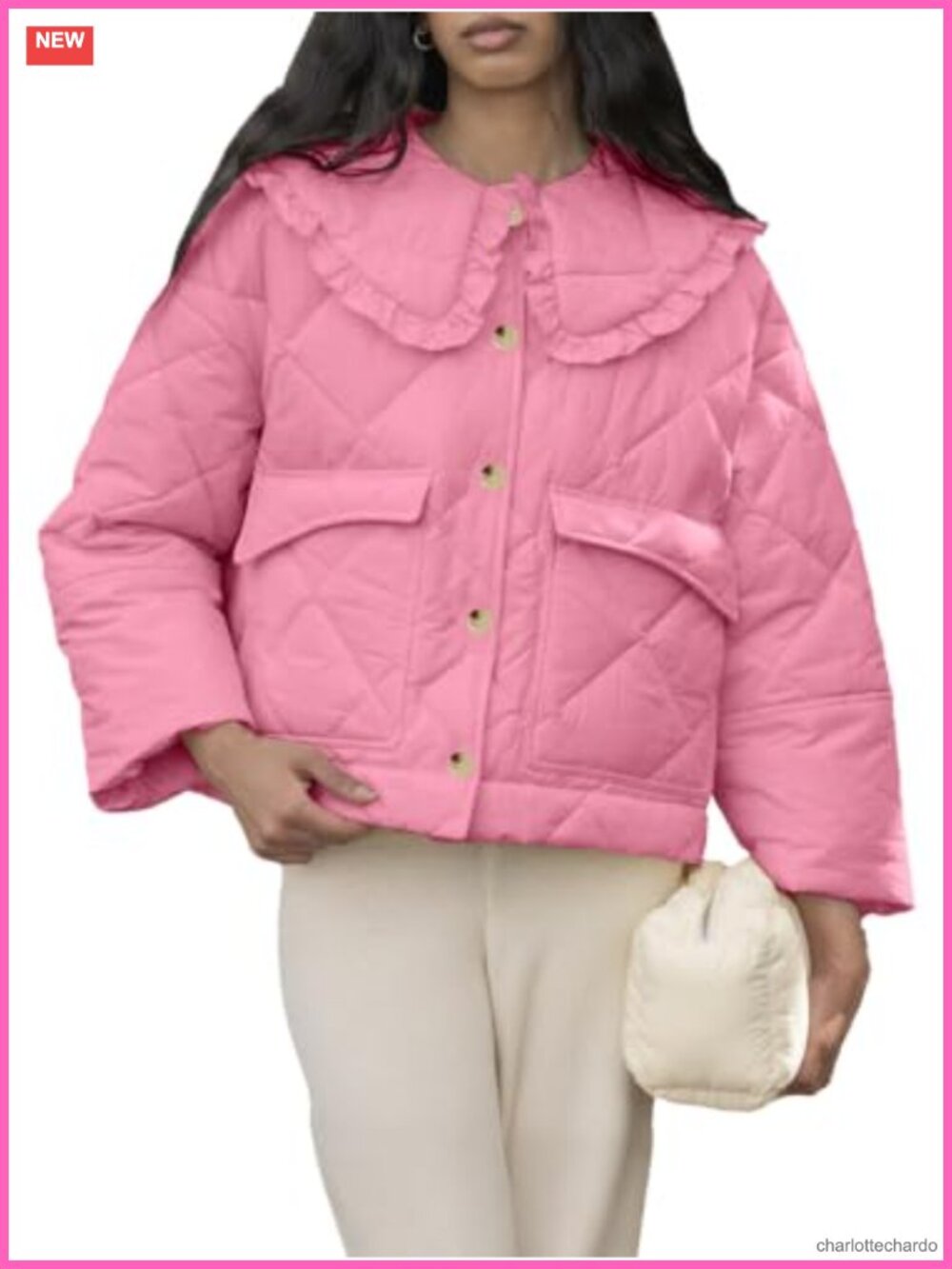 Womens Quilted Cropped Puffer Jacket Frilled Peter Pan Collar Winter Coat